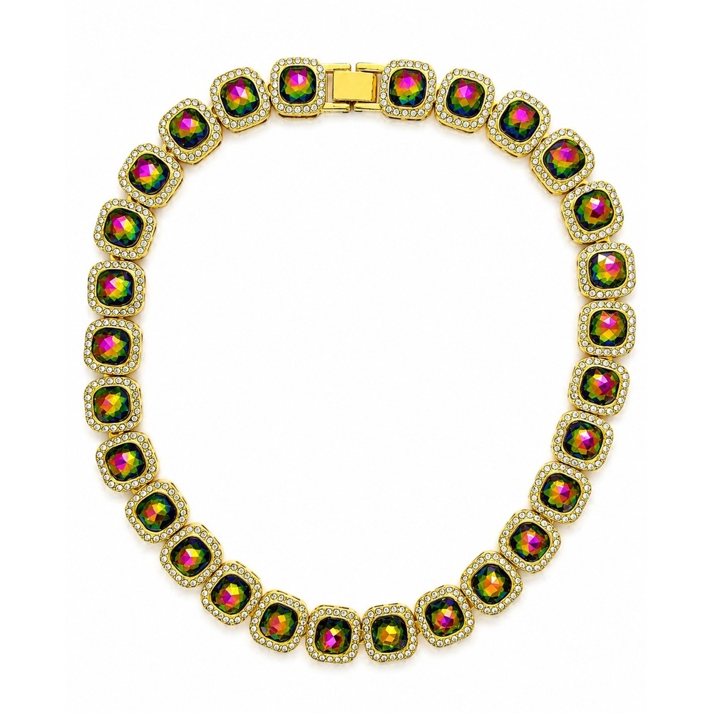 NEW Heavy Gold Tone Mystic Rainbow‎ Crystal Tennis Necklace Statement Collar 15"